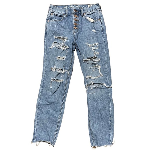 We the Free Button Fly High Rise Distressed Jeans w/Raw Hem - Picture 2 of 9